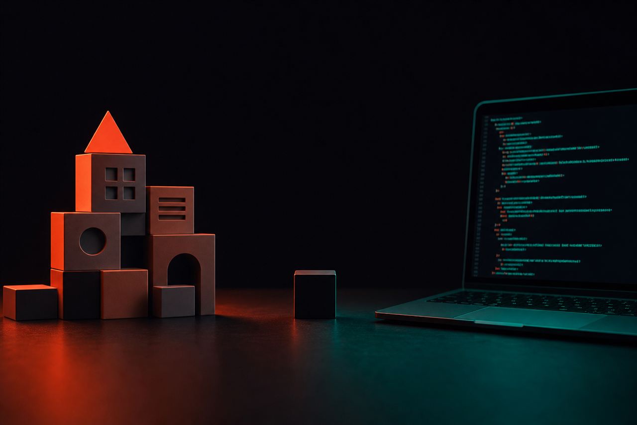 Bloques de construcción junto a un portátil con código, representando WordPress frente a desarrollo a medida