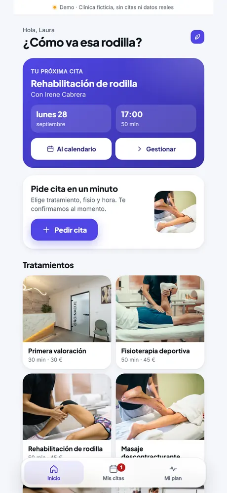 Pantalla de inicio de Fisio Alisio con la próxima cita y los tratamientos