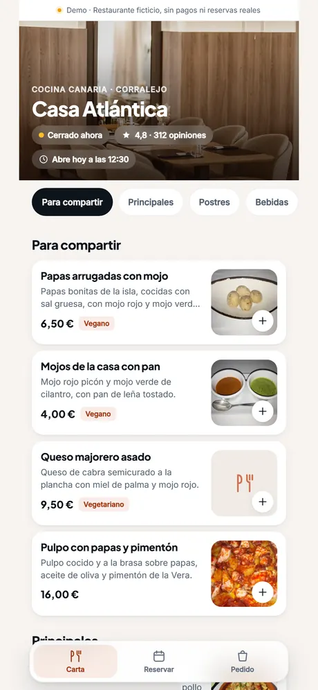 Pantalla de la carta de Casa Atlántica, con platos, alérgenos y precios