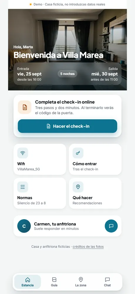 Pantalla de bienvenida de Villa Marea con las fechas de la estancia y el check-in
