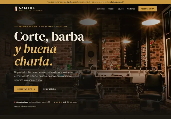 Portada de la web de ejemplo de Barbería Salitre, con el botón de reservar cita