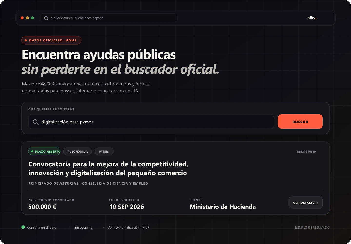 Buscador de subvenciones públicas con una convocatoria de digitalización, su presupuesto y plazo