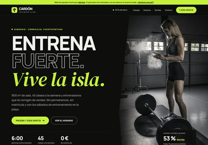 Portada de la web de ejemplo de Cardón Training Club, gimnasio en Corralejo