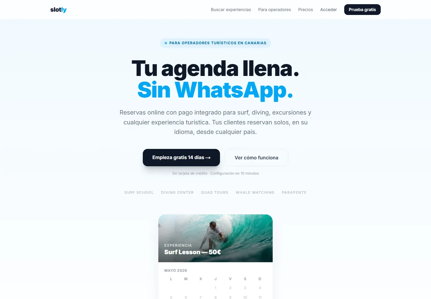 Captura de Slotly, sistema de reservas online para experiencias turísticas