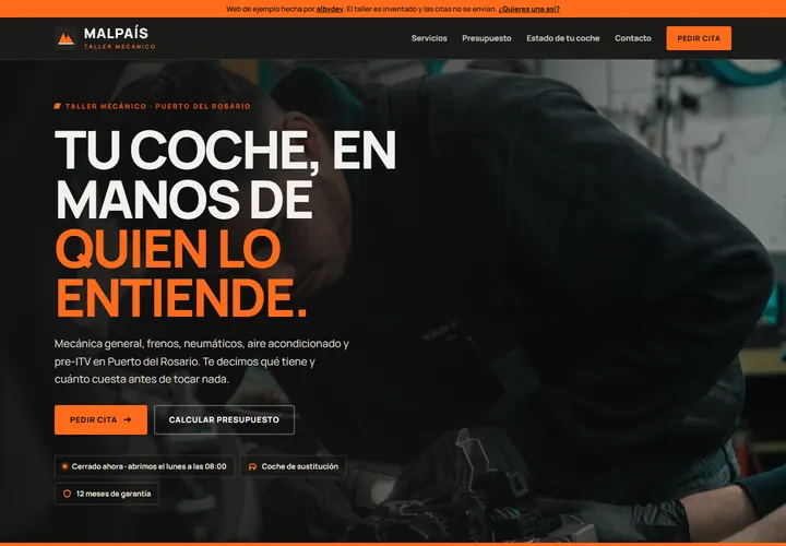 Portada de la web de ejemplo de Taller Malpaís, taller mecánico en Puerto del Rosario